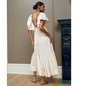 LA LIGNE Stella Ruffle Shoulder Open Back Linen Blend Midi Dress, Ivory M